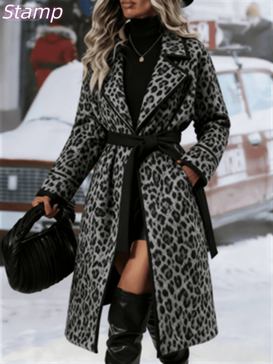 Long casual leopard-print coat with belt, notched lapels and long sleeves