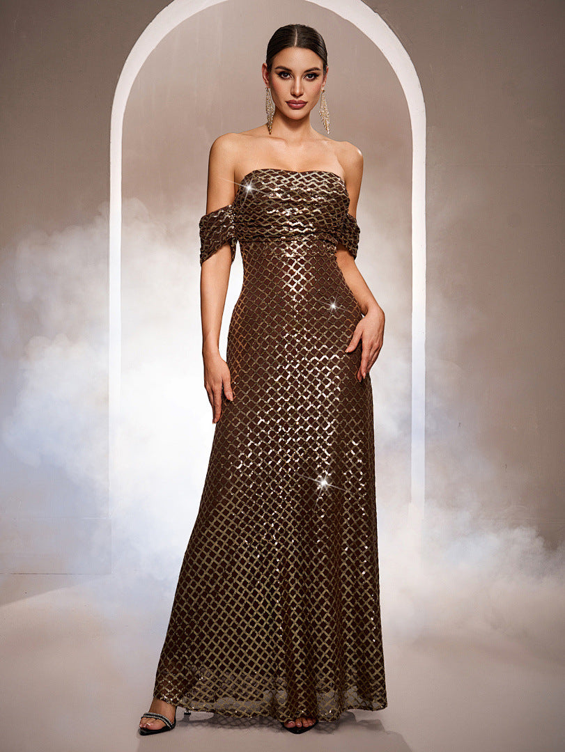 Gold Sequin Off-Shoulder A-Line Evening Gown – product image 1
