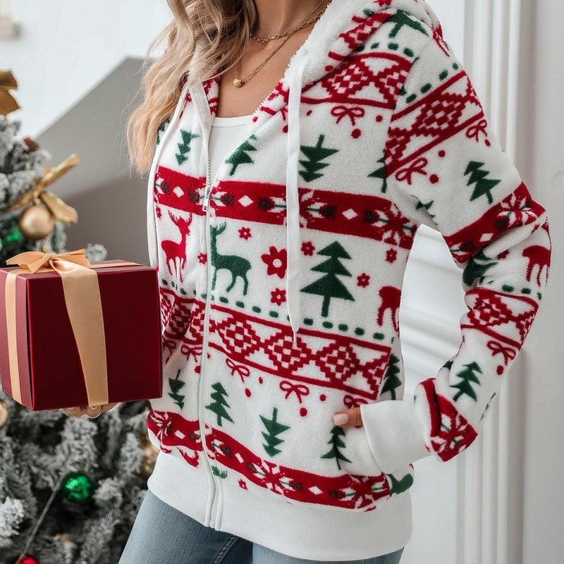 Langärmliger Cardigan mit Weihnachtsdruck und Plüschmantel