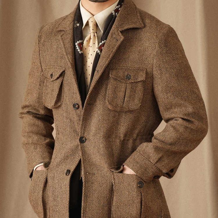 Men's coffee-brown herringbone jacket with button front, notch lapels, and flap pockets