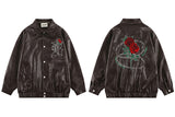 Rose Embroidered PU Leather Statement Jacket - WOMONA.COM