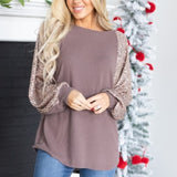 Women's Fashionable Sequins Stitching Round Neck Loose Top - WOMONA.COM