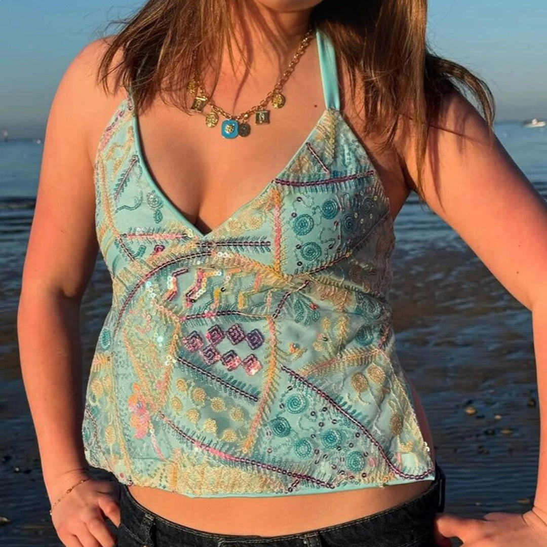 Teal patchwork sequin halter top with V-neck and thin shoulder straps