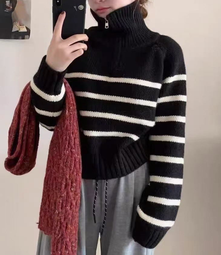 Women's Half-Zip Striped Turtleneck Knit Top - WOMONA.COM
