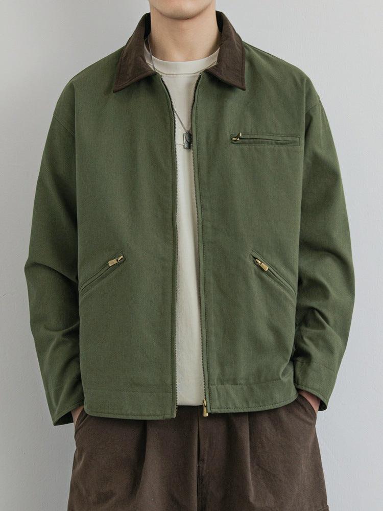 Retro lapel work jacket in dark green with brown collar, front zipper, and chest pockets