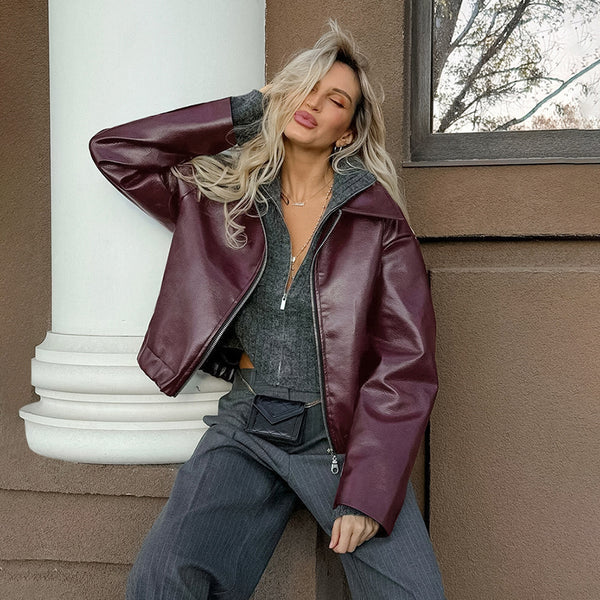 Handsome Matte Leather Jacket Coat - WOMONA.COM