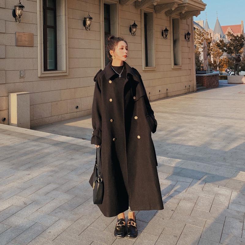 Black long wool coat with double-breasted buttons and wide collar