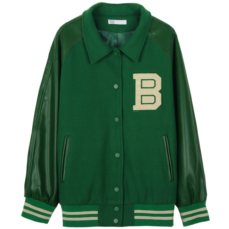 Women's Green Letter-Patch Baseball Jacket, Green - product view 4