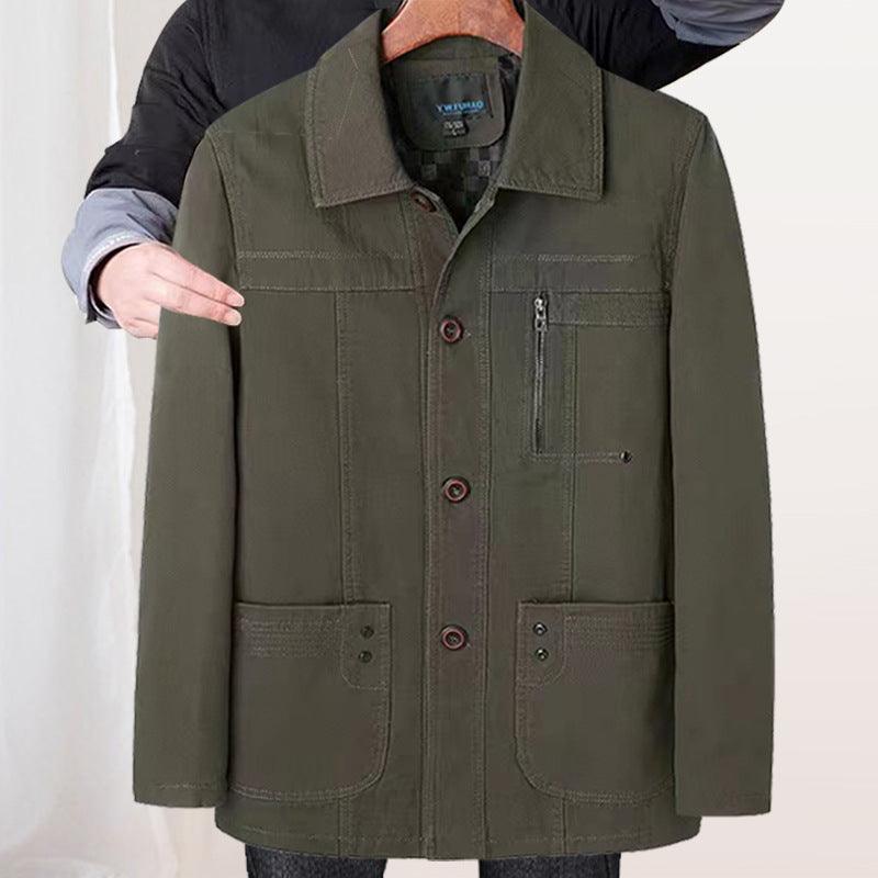 Men's cotton utility coat in dark olive green, button front, two chest pockets