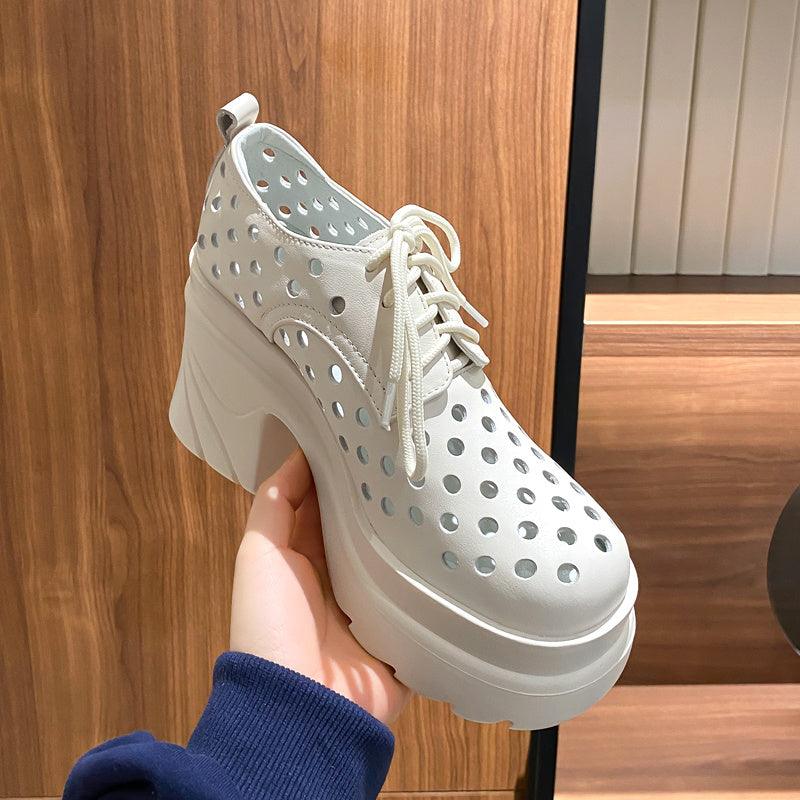 Women’s light gray perforated lace-up platform shoes with chunky sole