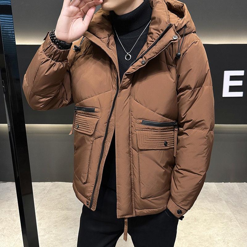 Brown down puffer jacket, zip front, stand collar, flap chest pockets