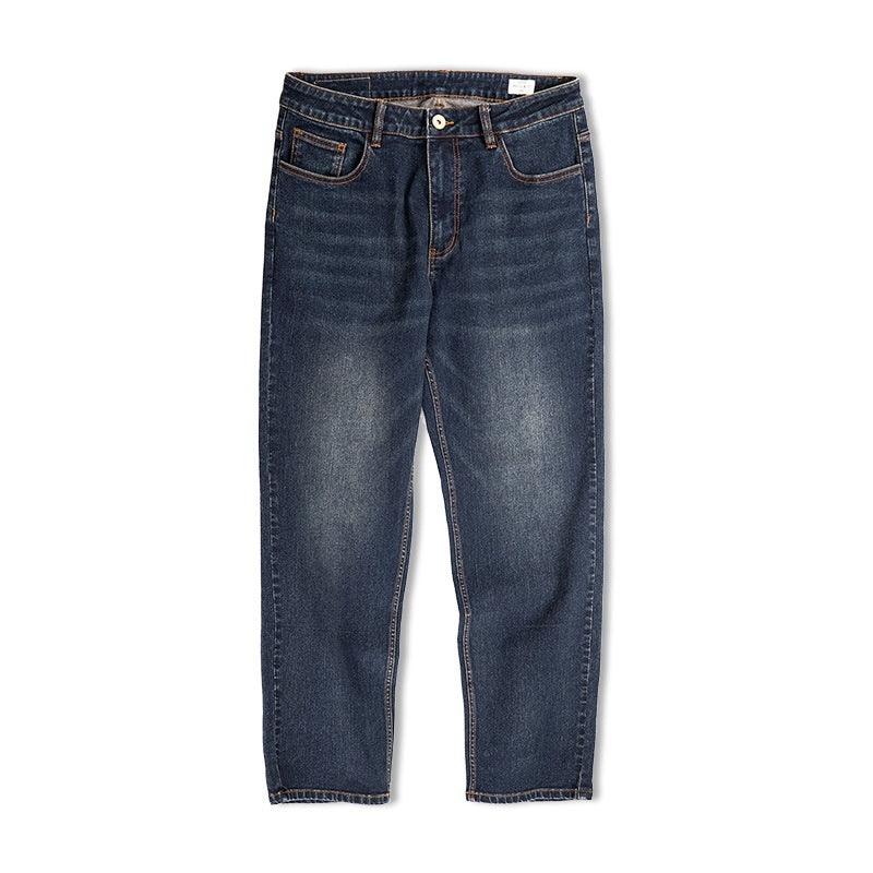 Washed straight denim jeans with button-and-zip fly and five-pocket design