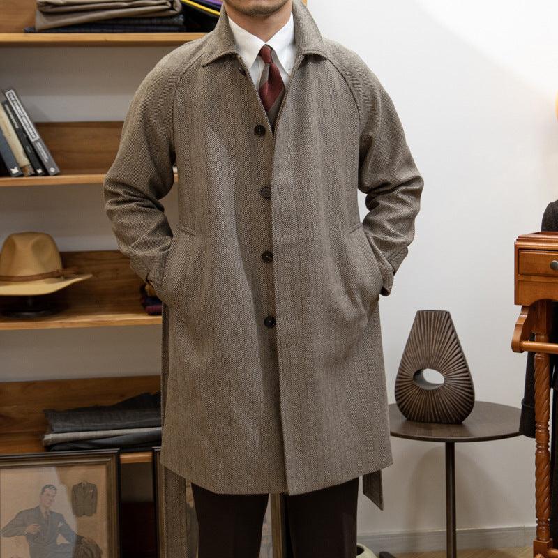 Men's British-Style Houndstooth Wool Overcoat