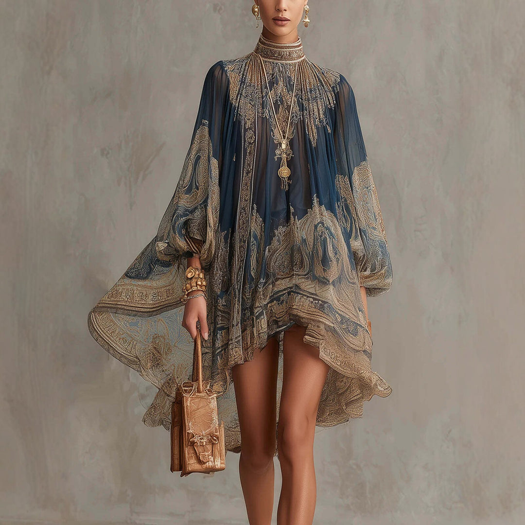Navy blue high-neck printed chiffon dress with long puff sleeves and gold paisley pattern