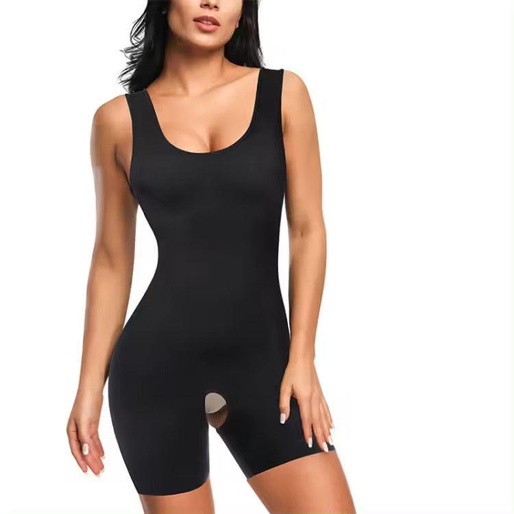 Black sleeveless camisole shapewear bodysuit, short leg, open crotch cutout