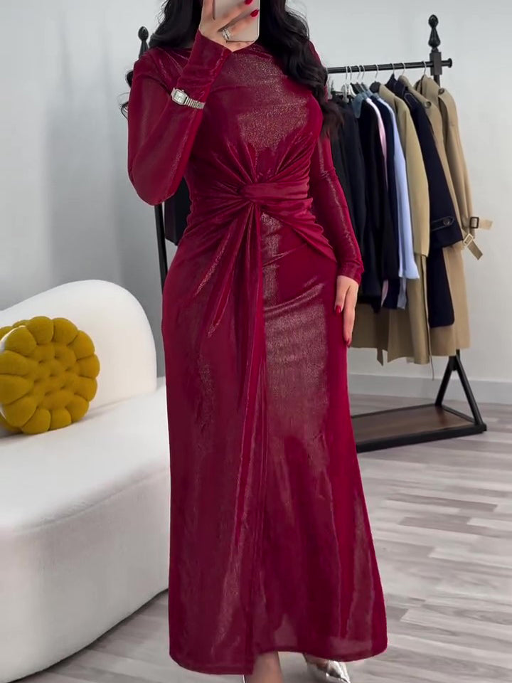 Women's Metallic Twist-Front Long-Sleeve Maxi Dress