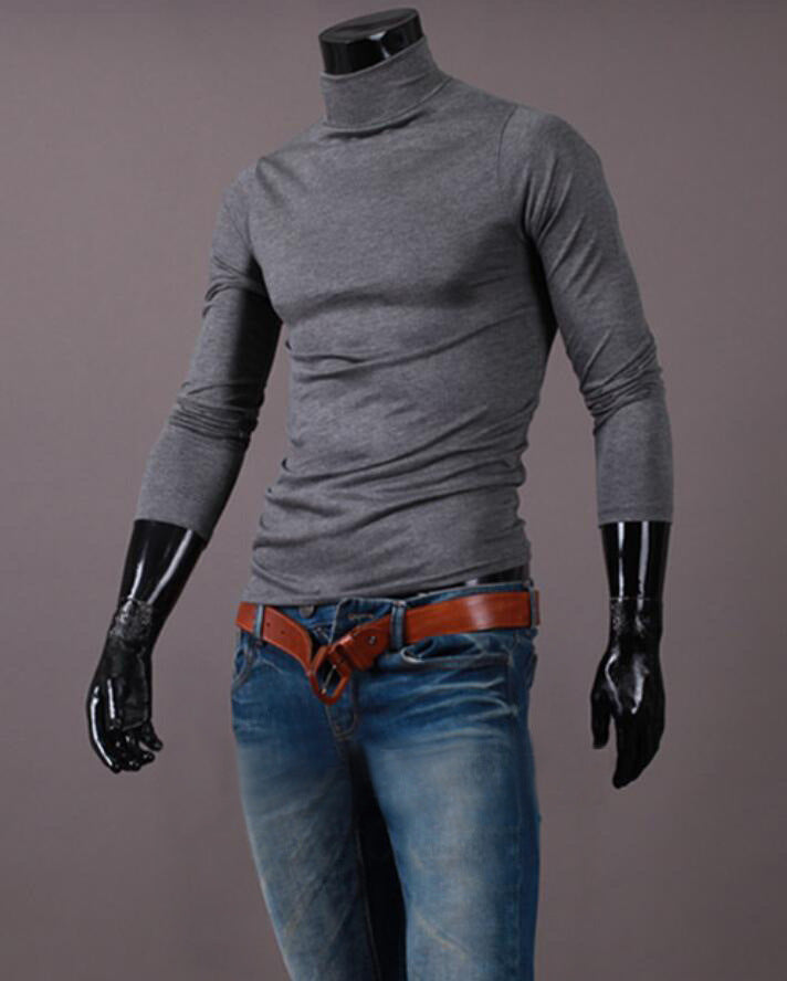 Young Men High Neck Thin Color Slim-fit Fashion Long Sleeves