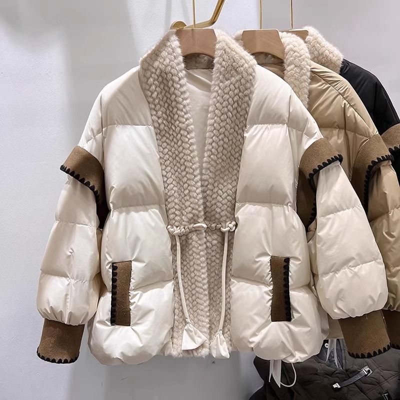 V-Neck Frog Button Stitching Furry Padded Down Jacket Cotton-Padded Coat