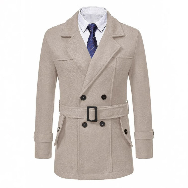 Men's beige wool coat with belt, notch lapels, long sleeves, buttoned double-breasted look