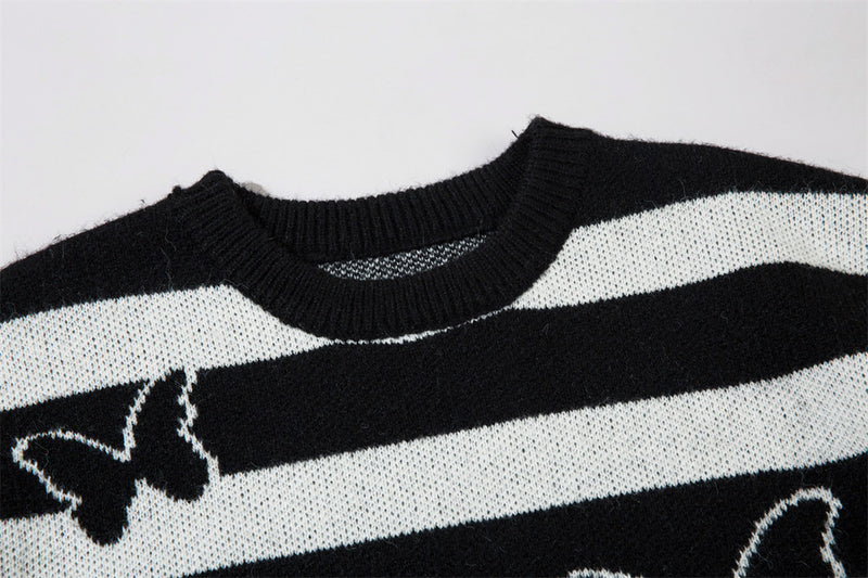 Striped Contrast Color Butterfly Round Neck Sweater - WOMONA.COM