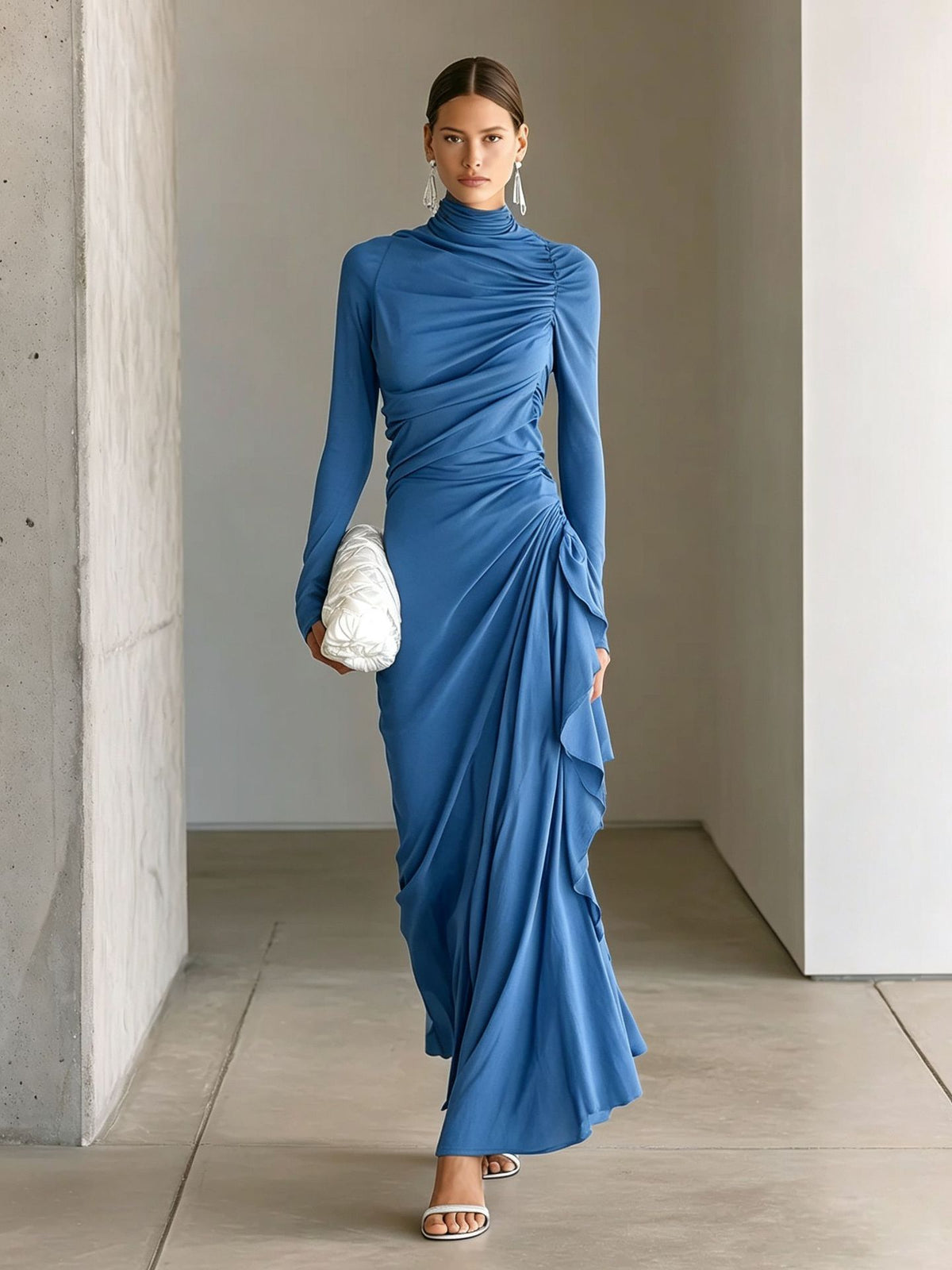High-neck pleated slim-fit long-sleeve dress in blue with gathered drape detail