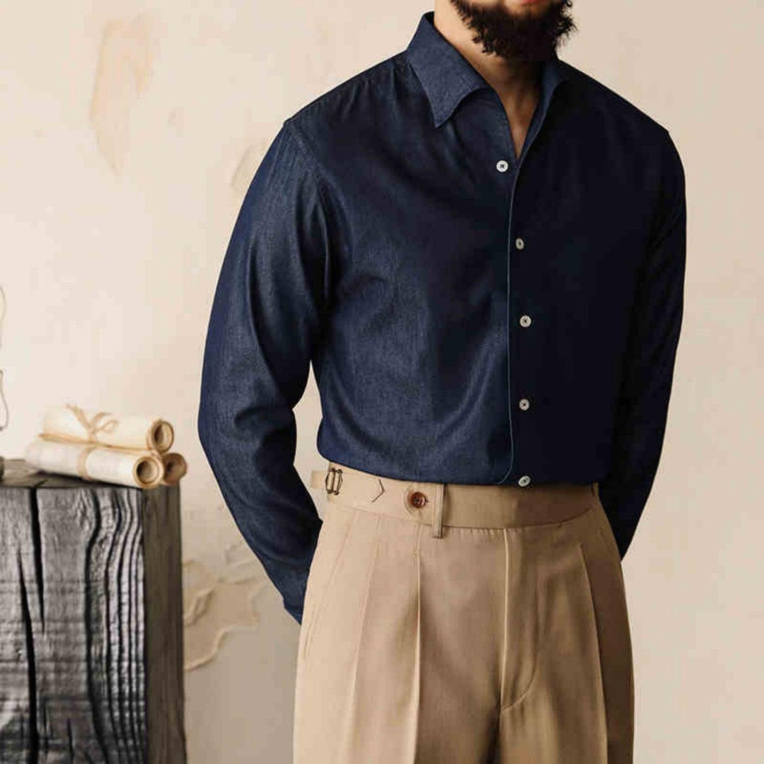 Men's loose-fit iron-free solid color shirt, dark navy blue, button-up collar