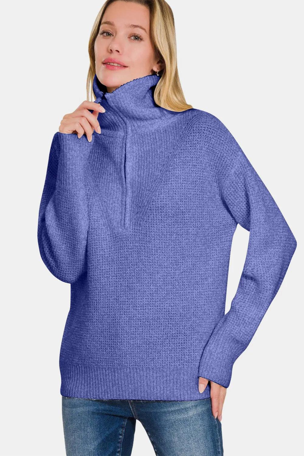 Zenana Half Zip Long Sleeve Sweater - WOMONA.COM
