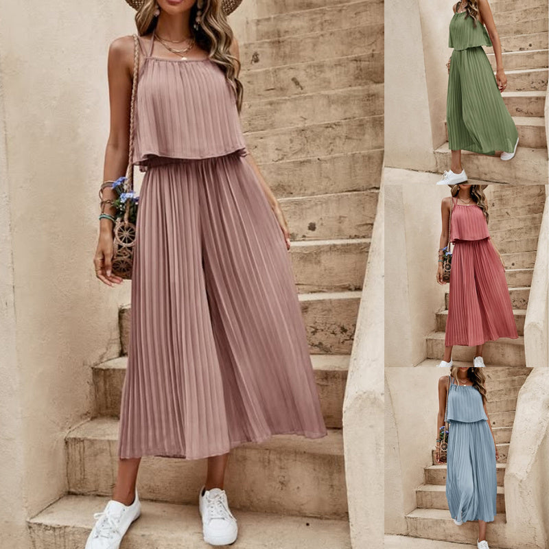 Women’s pleated sleeveless wide-leg romper with tiered bib top, mauve