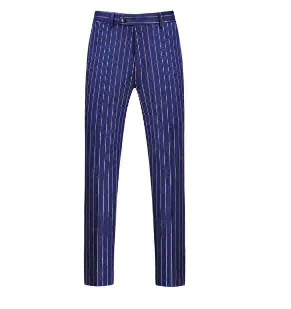 Dark blue pinstripe dress pants with belt loops and front button