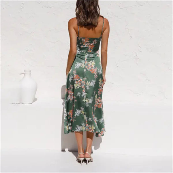 Vestido de tirantes divididos con estampado de flores y diseño de lazo hueco, vestidos de playa sin mangas de moda, ropa de verano para mujer