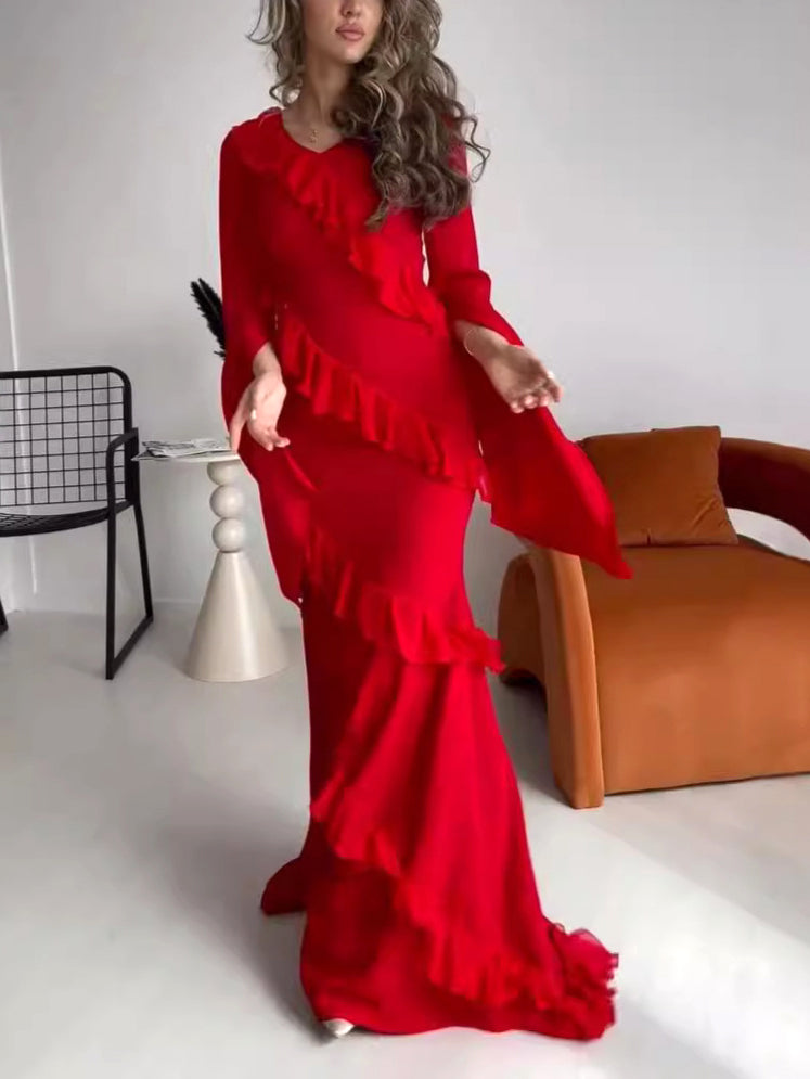Red V-Neck Bell-Sleeve Ruffle Maxi Dress – product image 1