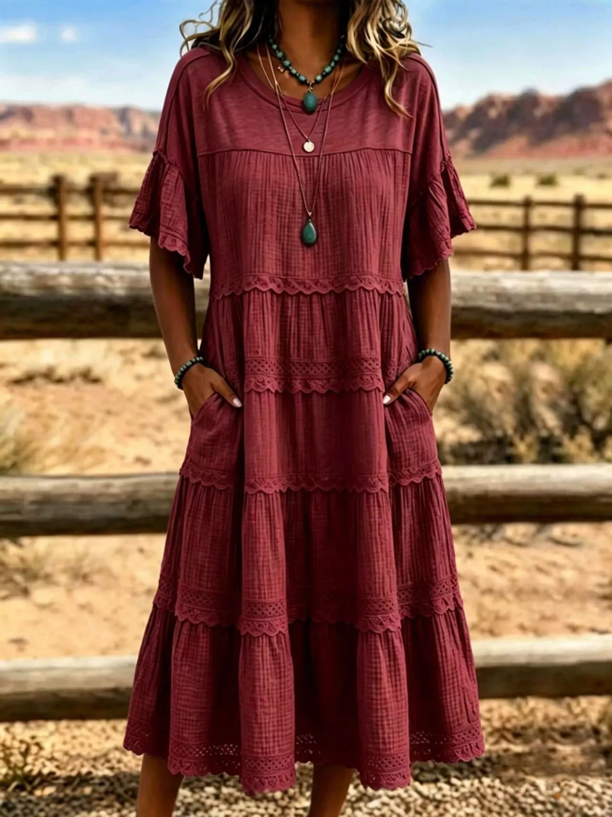 Women's Tiered Ruffle Sleeve Midi Dress with Pockets – Plus Size