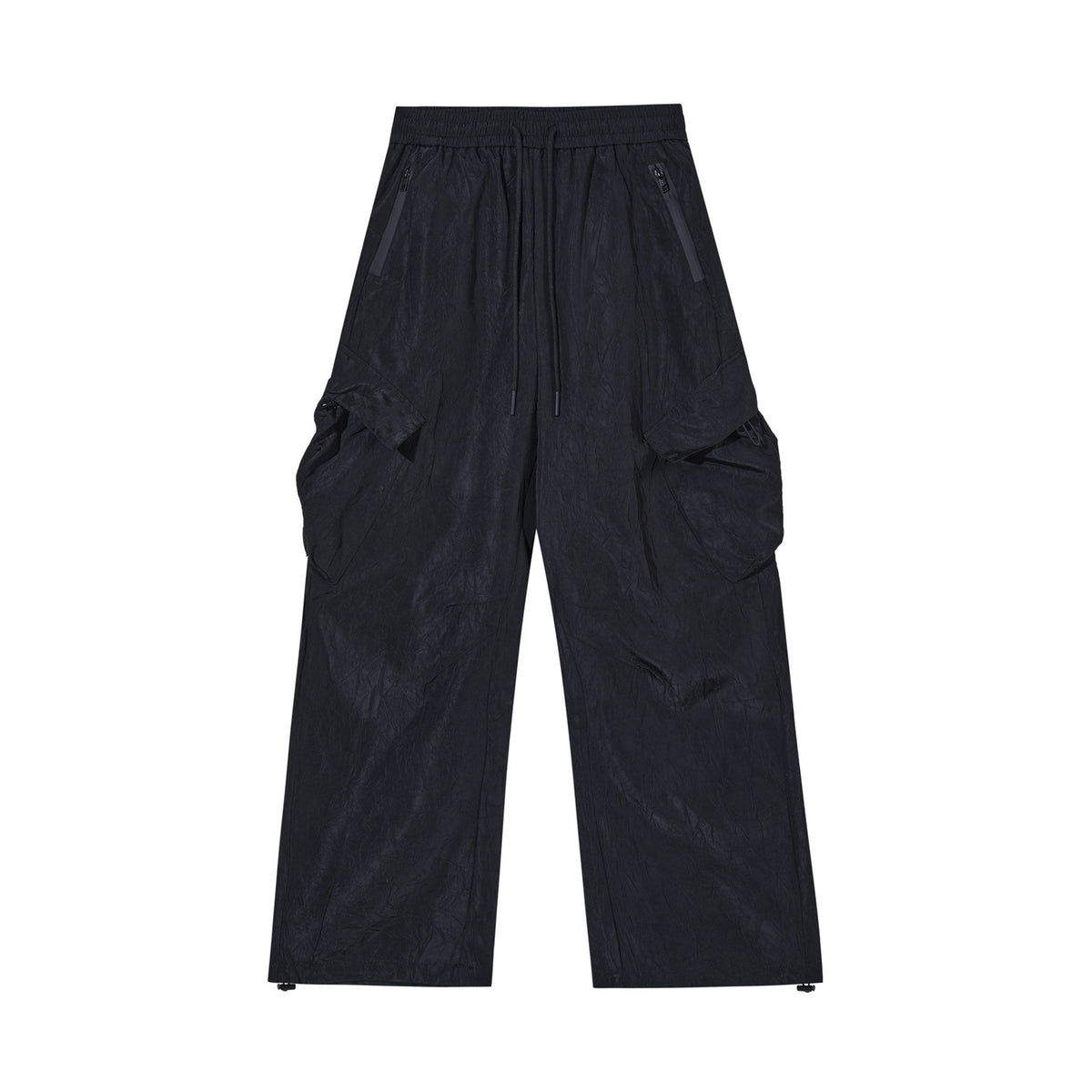 Dark blue pleated cargo trousers with elastic waistband, drawstring, and side flap pockets