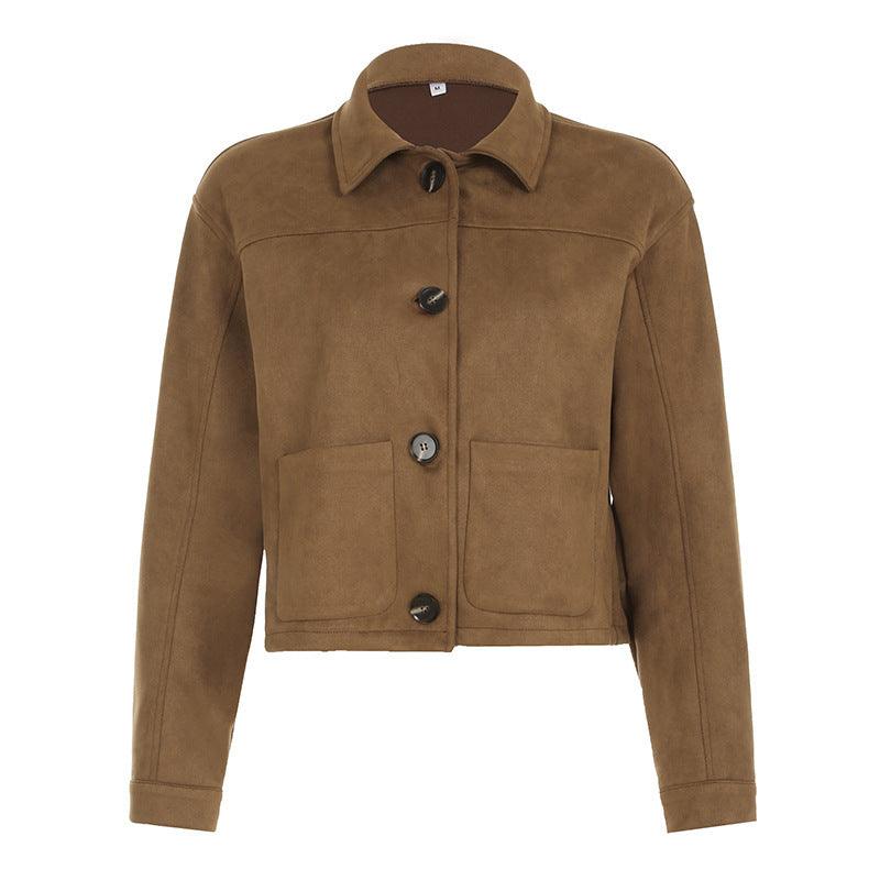 Brown suede short jacket with lapel collar and button front, front view, long sleeves
