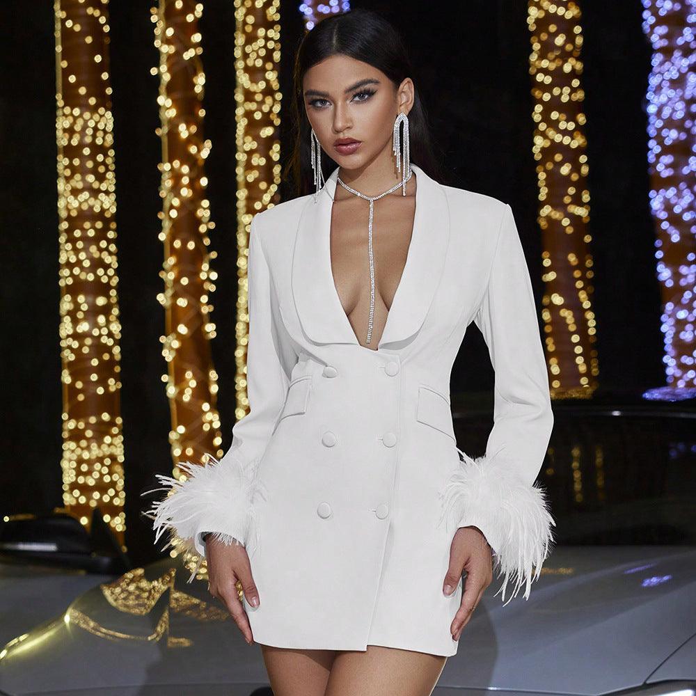 Fashion Feather Stitching Deep V White Slim Suit Skirt - WOMONA.COM