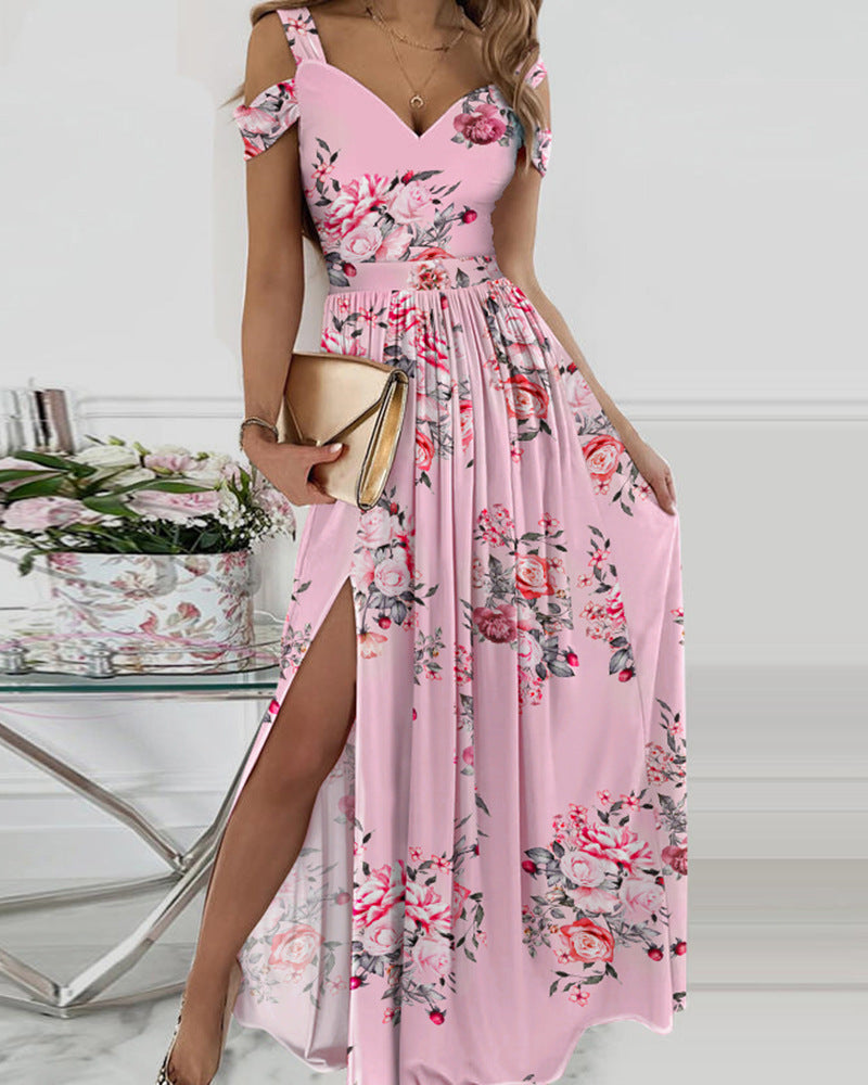 Spaghetti Strap Floral Print Split Dress - WOMONA.COM