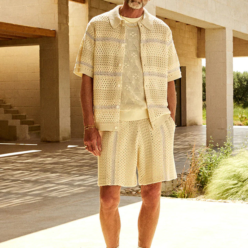 Men's Knit Short Sleeve Cardigan and Shorts Set