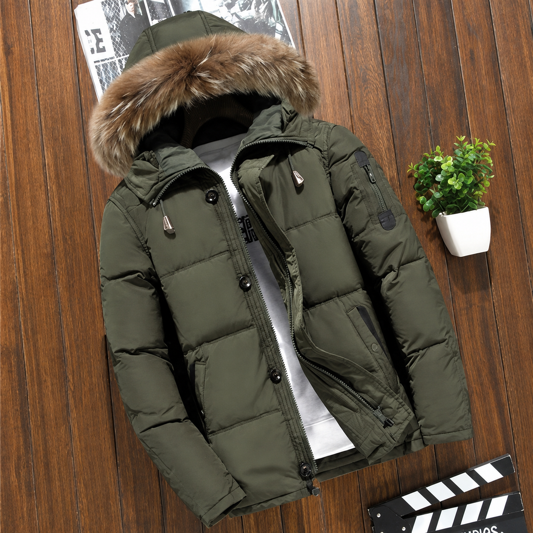 Army-green quilted men's puffer jacket with fur-trim hood