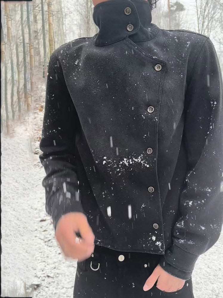 Men's Black Asymmetrical Stand-Collar Jacket