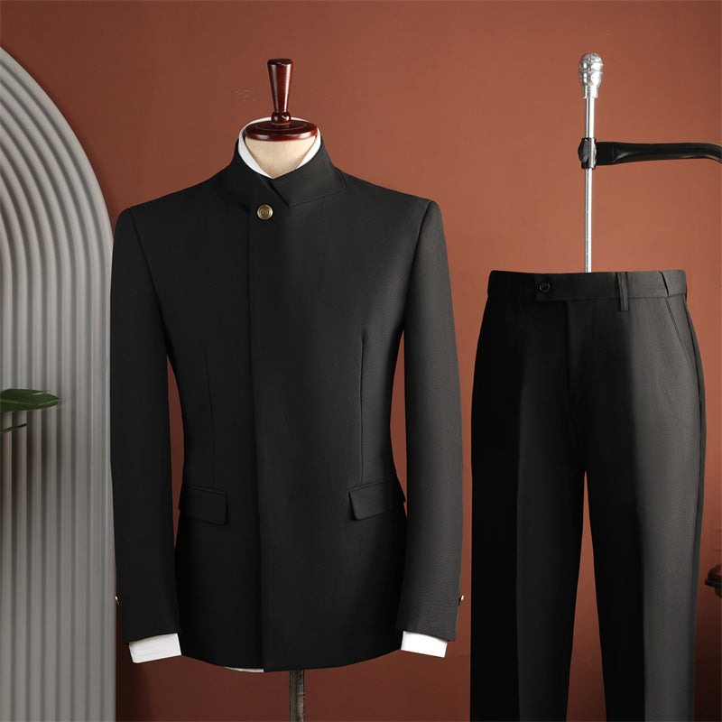 Men's Black Mandarin-Collar Two-Piece Suit