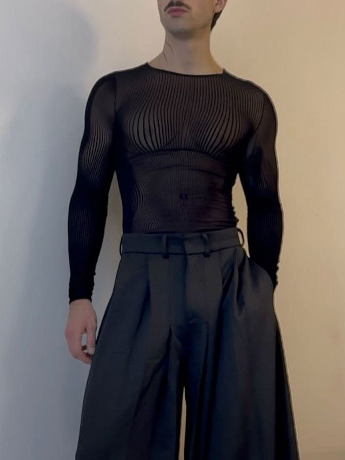 Men's Black Mesh Long-Sleeve Top With Sheer Design