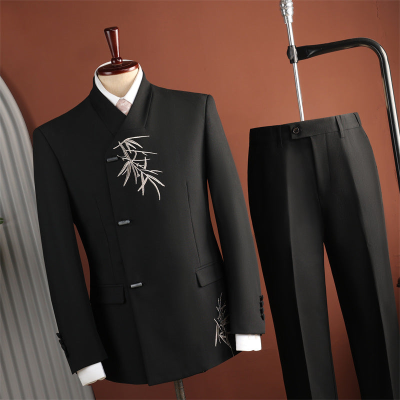 Men's Chinese-Style Bamboo-Leaf Embroidered Suit Set