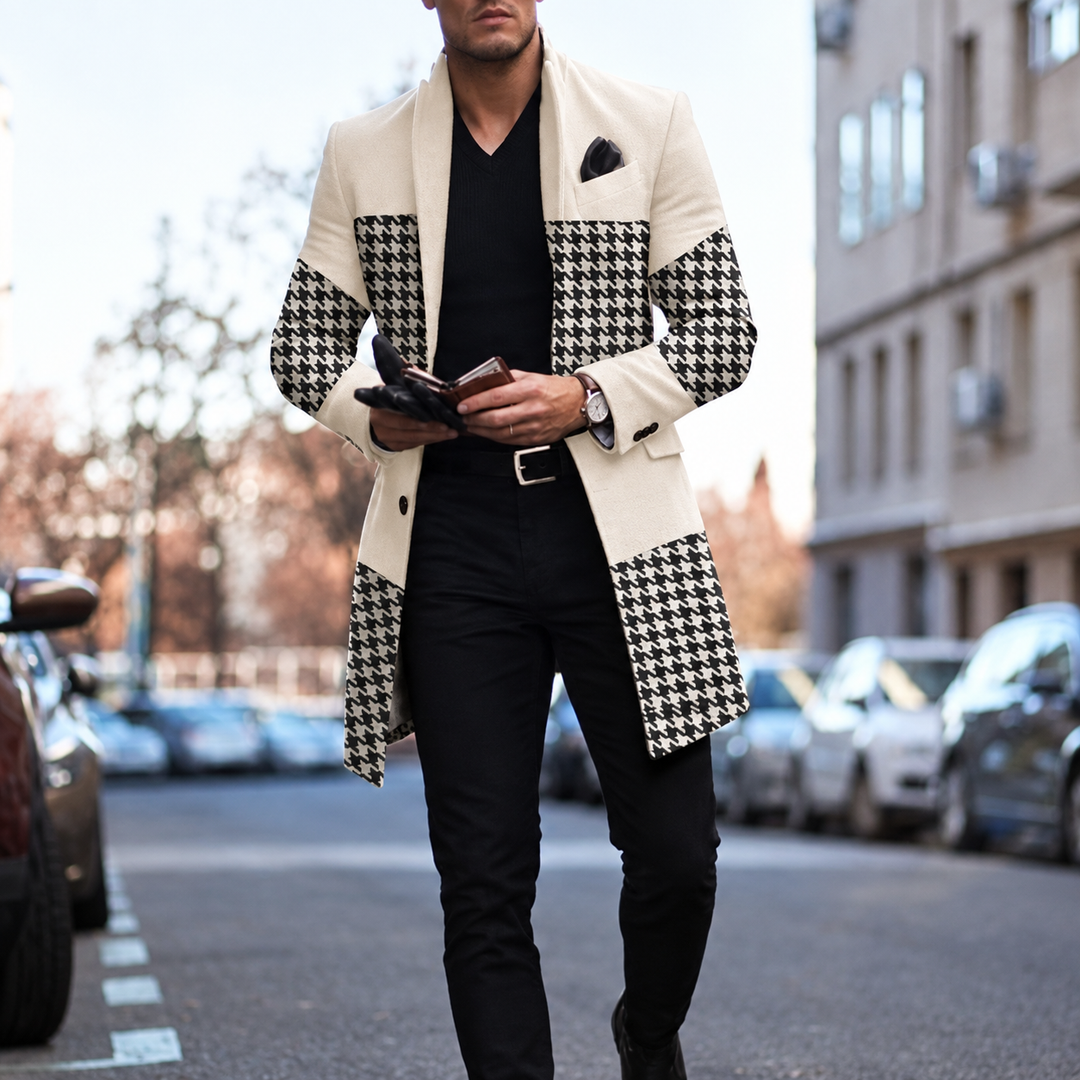 Cream and black houndstooth long coat for men