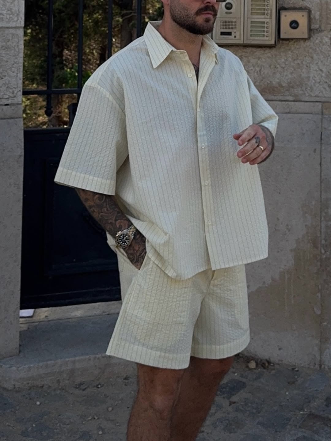 Men's Cream Pinstripe Textured Shirt & Shorts Set