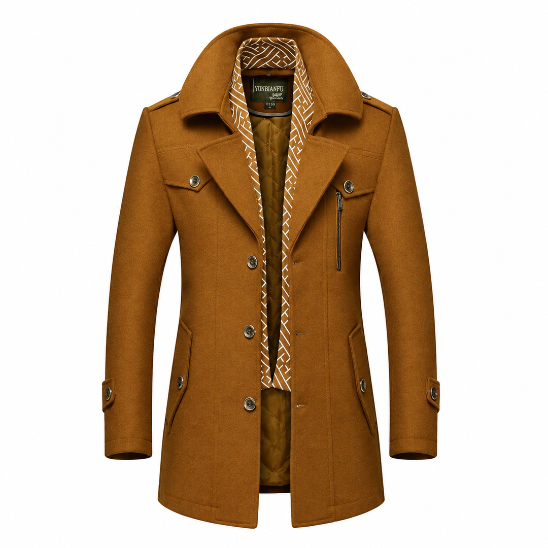 Brown men's Dorchester peacoat with patterned inner facing