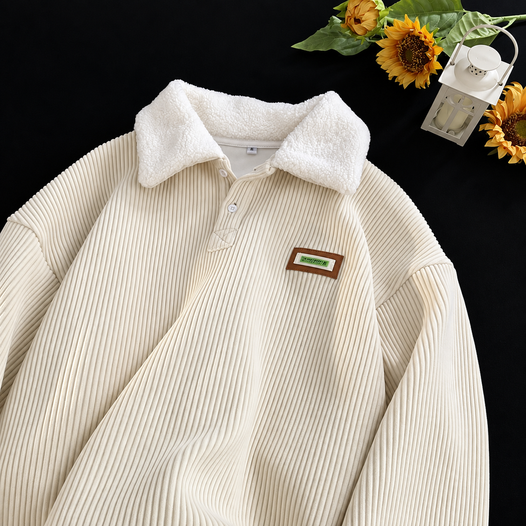 Cream fleece-lined corduroy polo sweater with sherpa collar