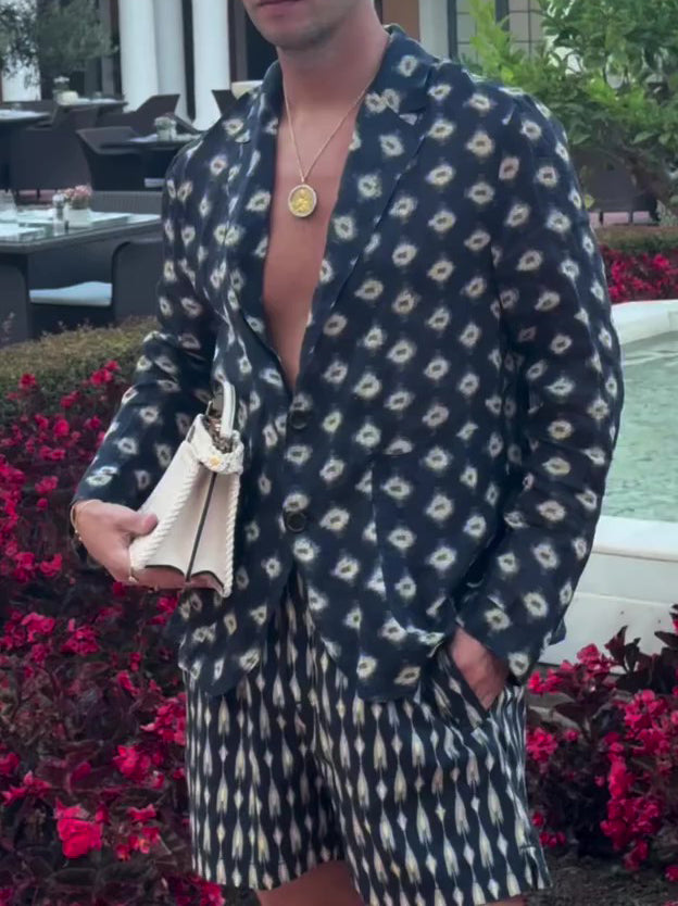 Men's Navy Geometric Print Blazer & Shorts Set