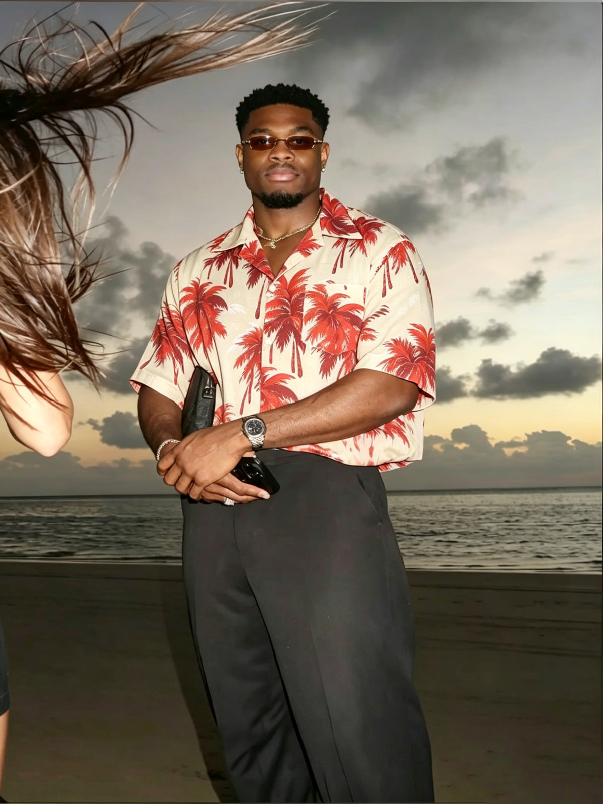Men's Red Palm Print Hawaiian Short-Sleeve Shirt