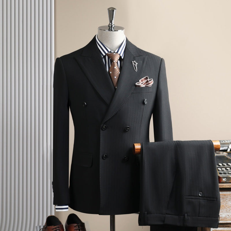 Men's Slim Fit Double Breasted Pinstripe Blazer & Cuffed Trousers Suit