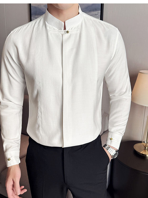 Men's Solid-Color Stand-Collar Long-Sleeve Shirt
